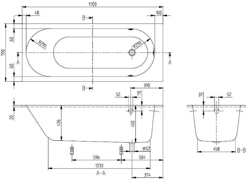 UBQ 177 OBE 2V-01 OBERON Solo Ванна 170x70, с ножками, белая, материал кварил Quaryl®, вкл. сверло для перелива — фото 7
