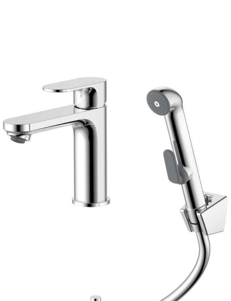 AQ1912CR АЛЬФА смеситель для раковины 110 без донного клапана с гигиеническим ручным душем