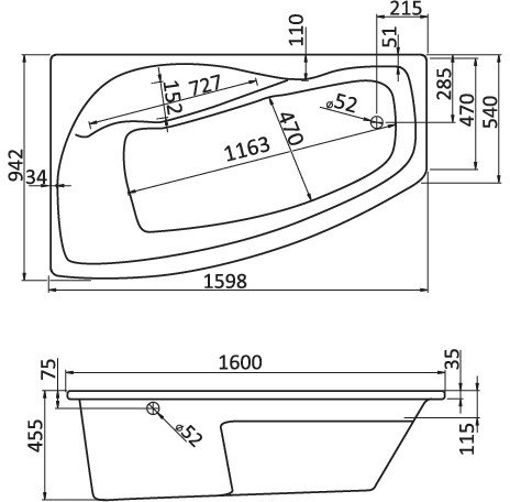 1.WH11.1.991 МАЙОРКА XL 160х95 ванна асимметричная акриловая левосторонняя белая — фото 3