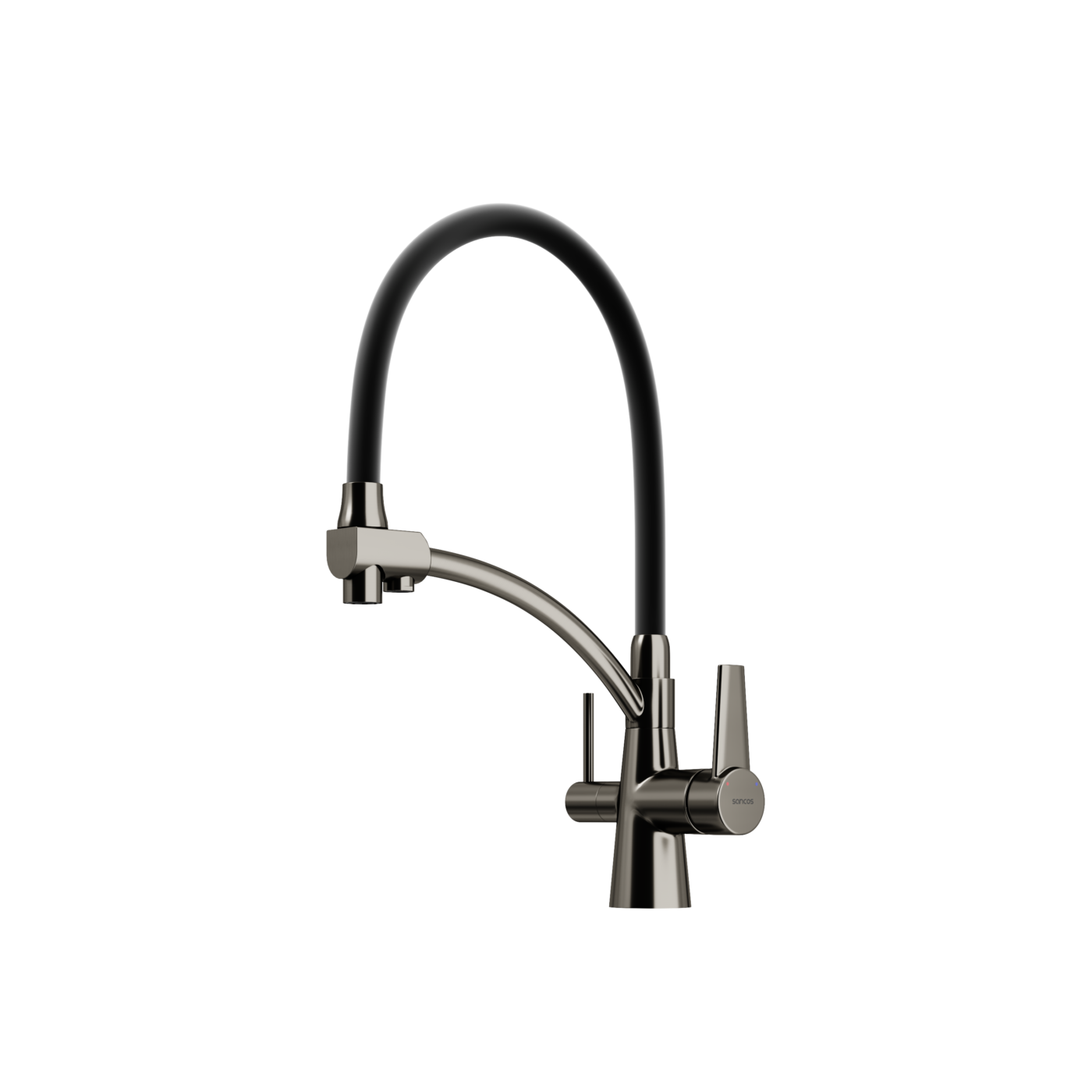 Смеситель для кухни Sancos SC4001GG с гибким изливом и возможностью подключения фильтра для воды, вакуумное напыление (PVD-покрытие), вороненая сталь/черный