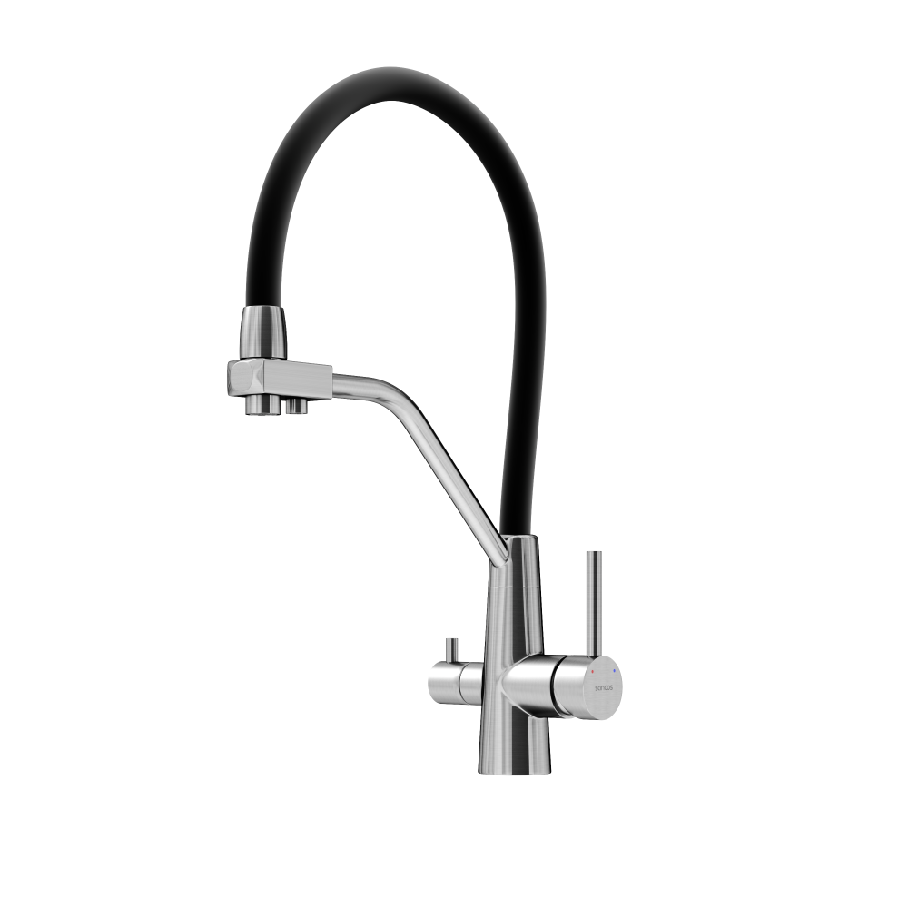Смеситель для кухни Sancos Нола / Nolia SC12003SS с гибким изливом и возможностью подключения фильтра для воды, нержавеющая сталь / черный