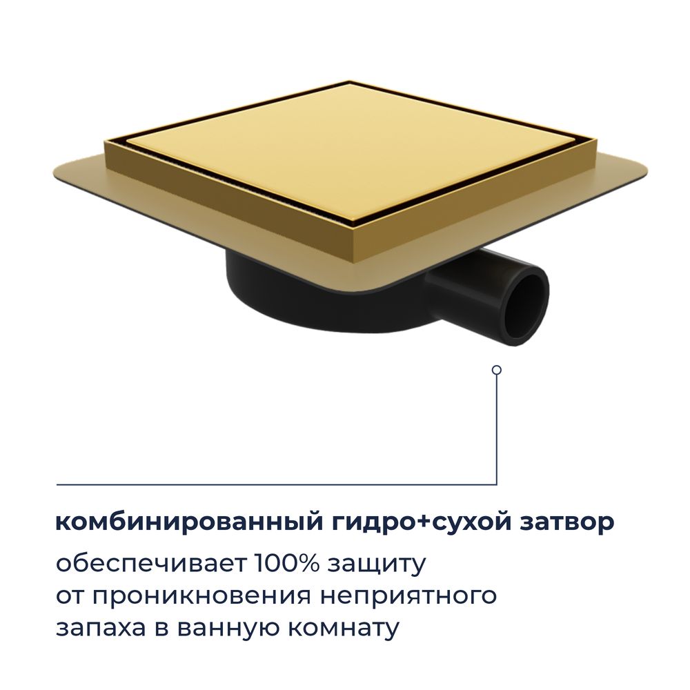 Душевой трап RGW SDR-10 квадратный, золото BRUSH, металлическая крышка, горизонтальный слив — фото 4
