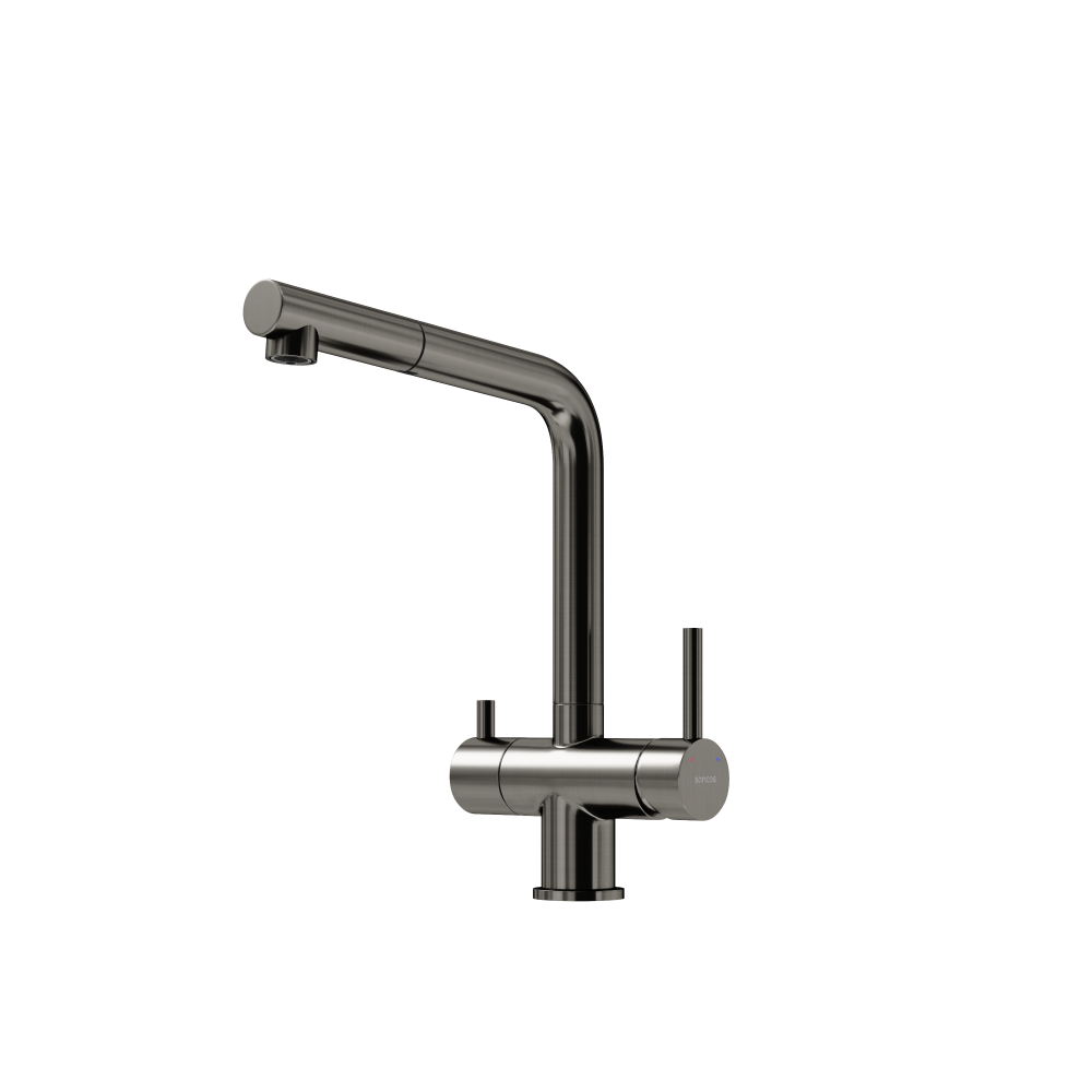 Смеситель для кухни Sancos SC4015GG с поворотным и вытяжным изливом, c краном для фильтрованной воды, вакуумное напыление (PVD-покрытие), вороненая сталь