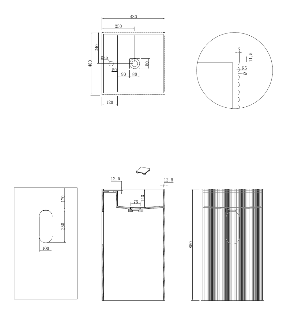 Раковина напольная рифленая с трех сторон Cube Corian 480*480*850 Matt White — фото 3