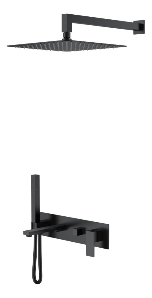 Смеситель встроенный + верхний+ ручной душ Qubic Matt Black с изливом