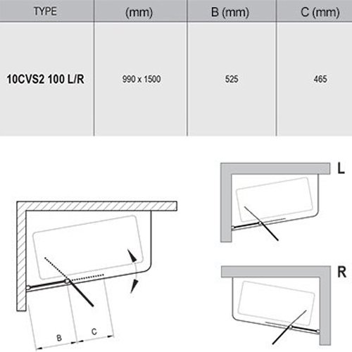 10CVS2-100 R блестящая+транспарент, шторка на ванну двухэлементная, серия 10° — фото 3